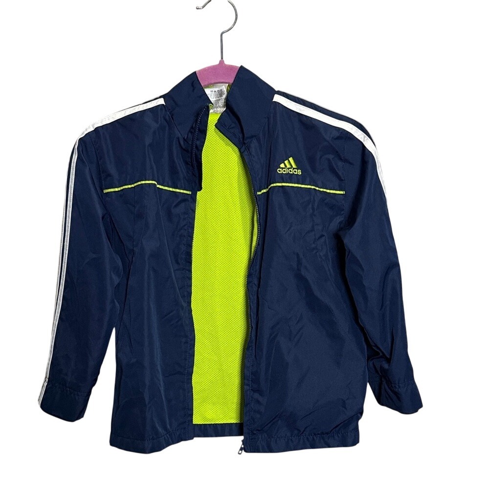 Adidas Boys Navy Blue Neon Yellow Mesh Lined Full Zip Track Jacket Size 6